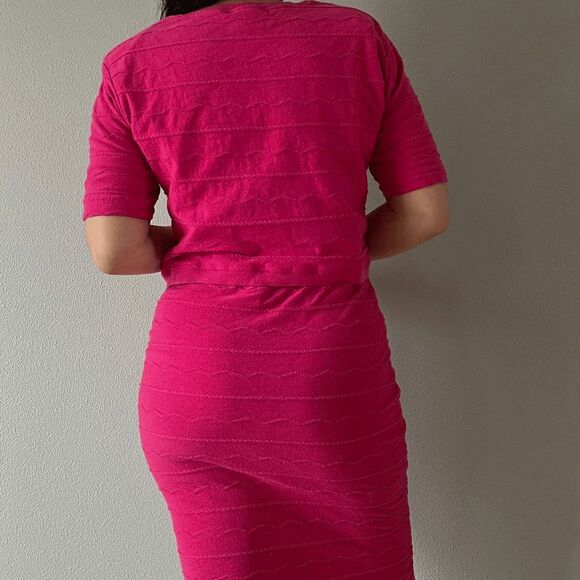 vtg 80s hot pink knit two piece fitted skirt set short sleeve top retro small - Picture 4 of 7